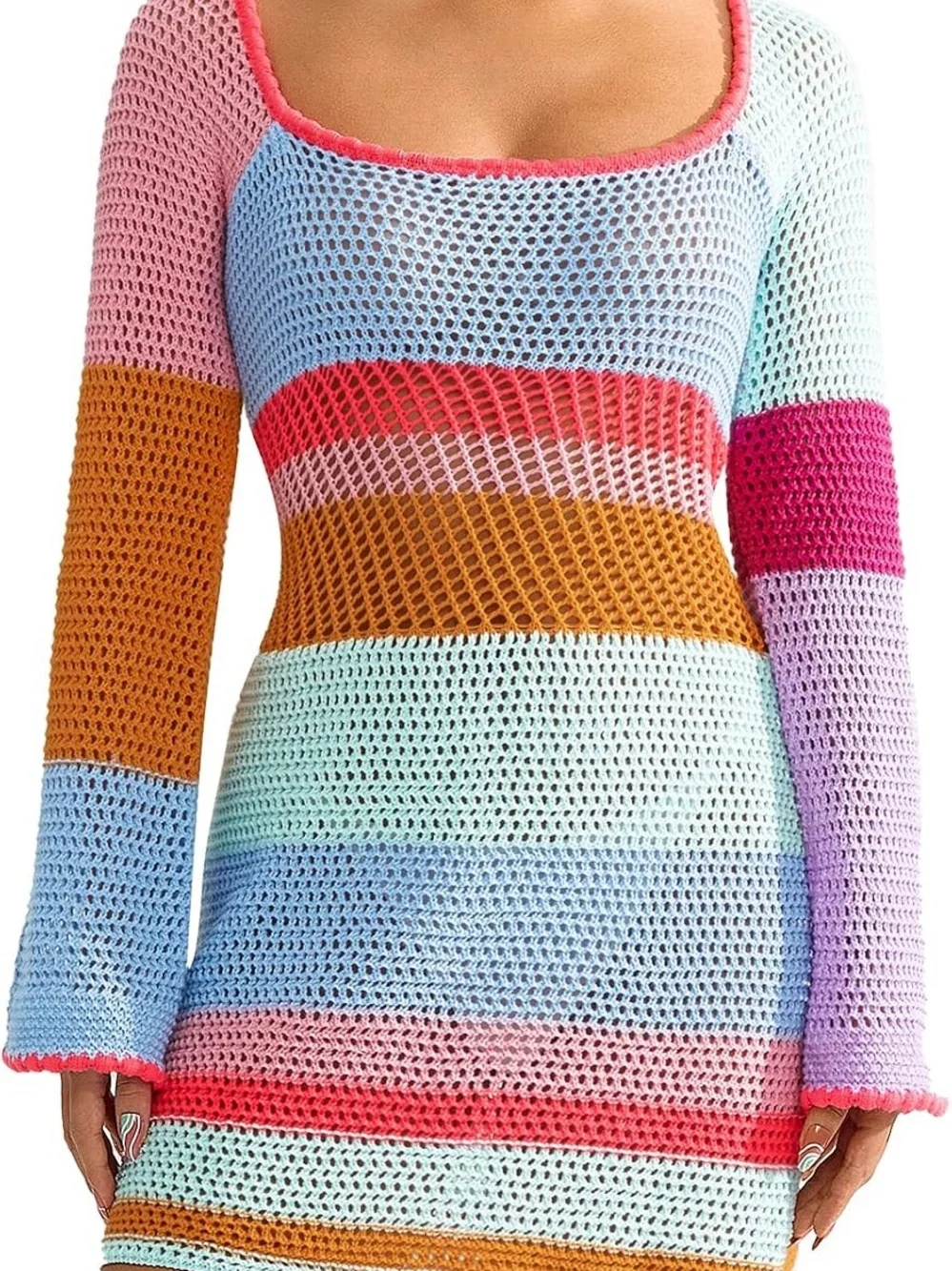 Crochet Multicolor Striped Open Knit Dress